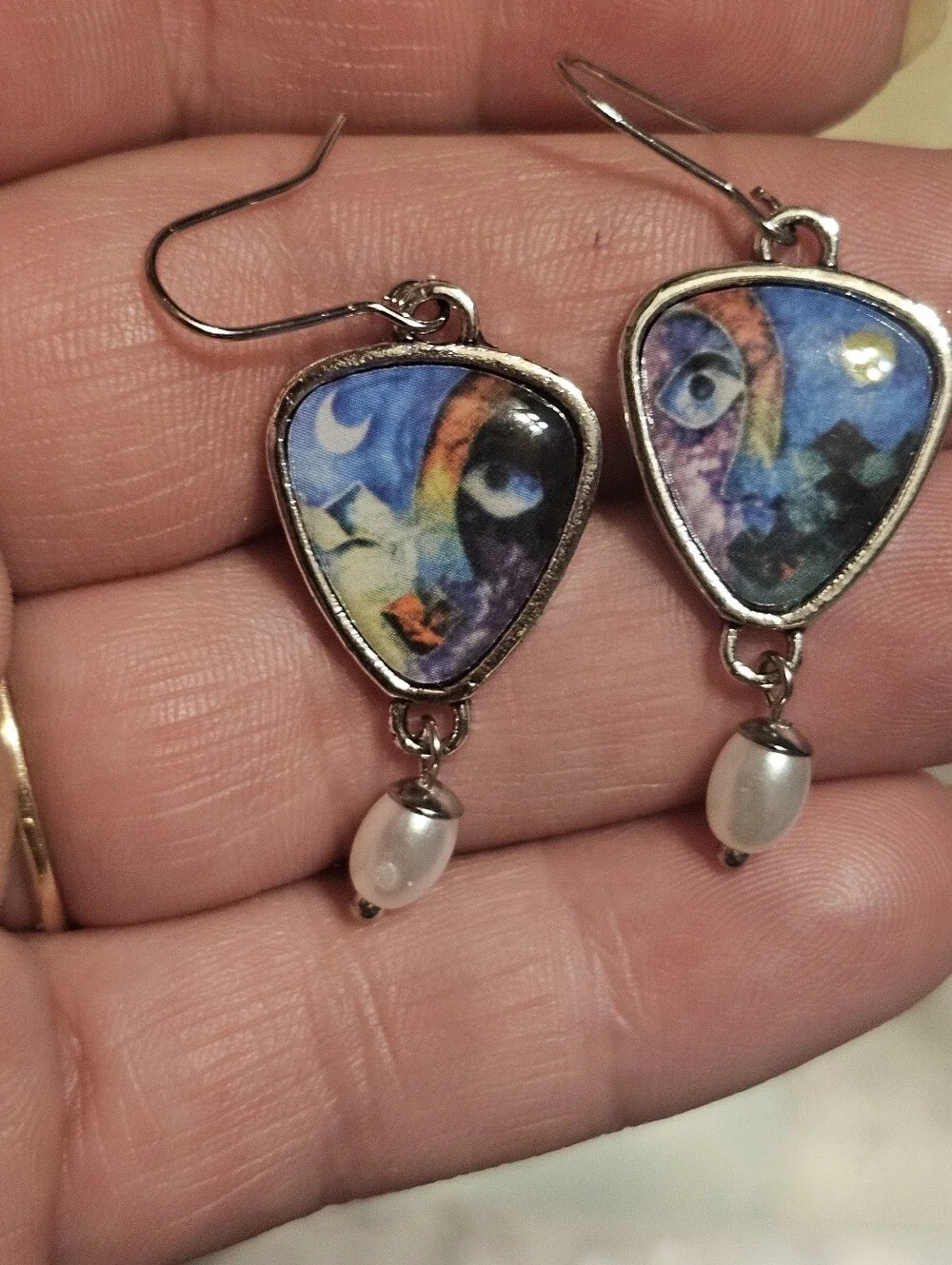 Unique Silver Tone Moon & Sun Pearl Dangle Earrings